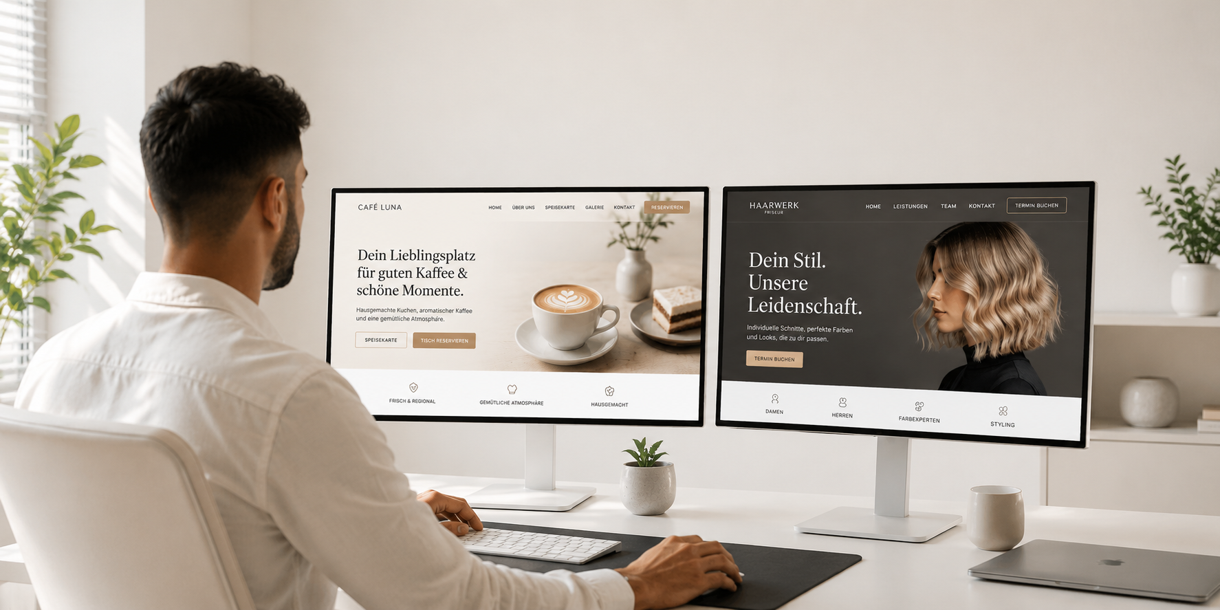Arbeitsplatz eines Webdesign-Studios mit zwei Monitoren, die fertige Website-Entwürfe zeigen