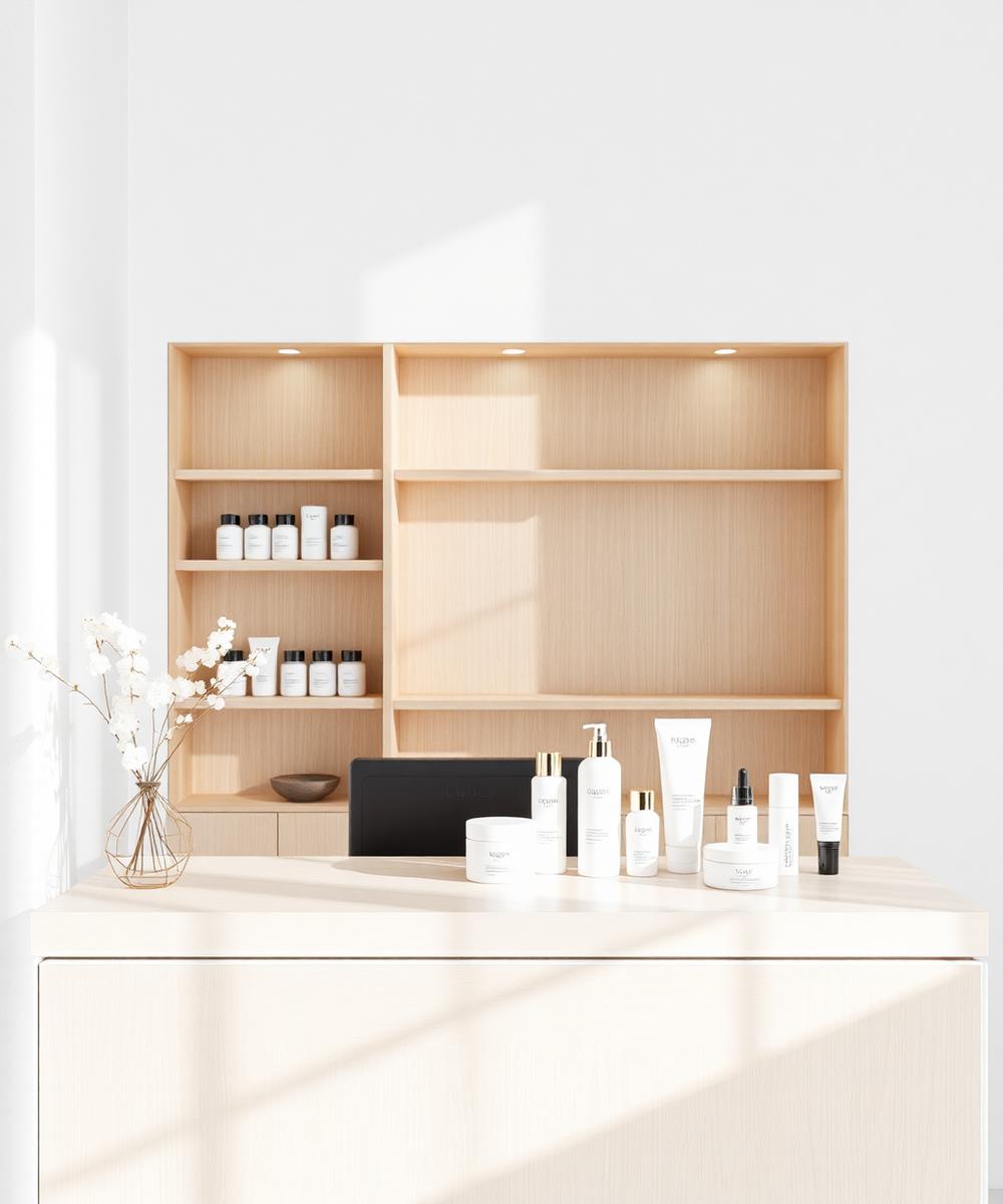 Empfangsbereich mit Pflegeprodukten im LUMÉ Studio