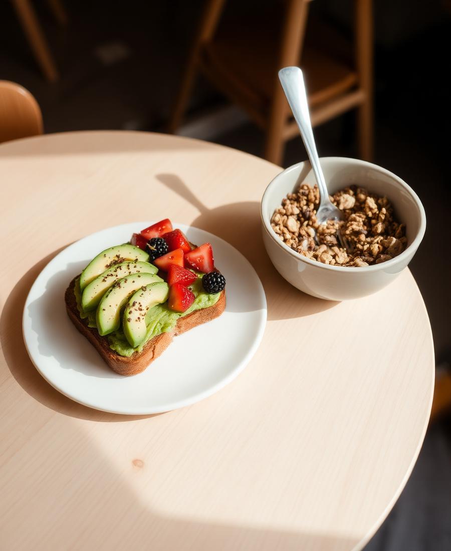 Avocado Toast und Granola Bowl auf einem Holztisch