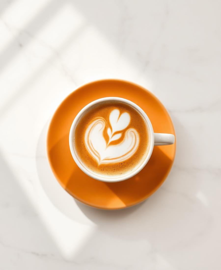 Flat White mit Latte Art auf einem Marmortisch