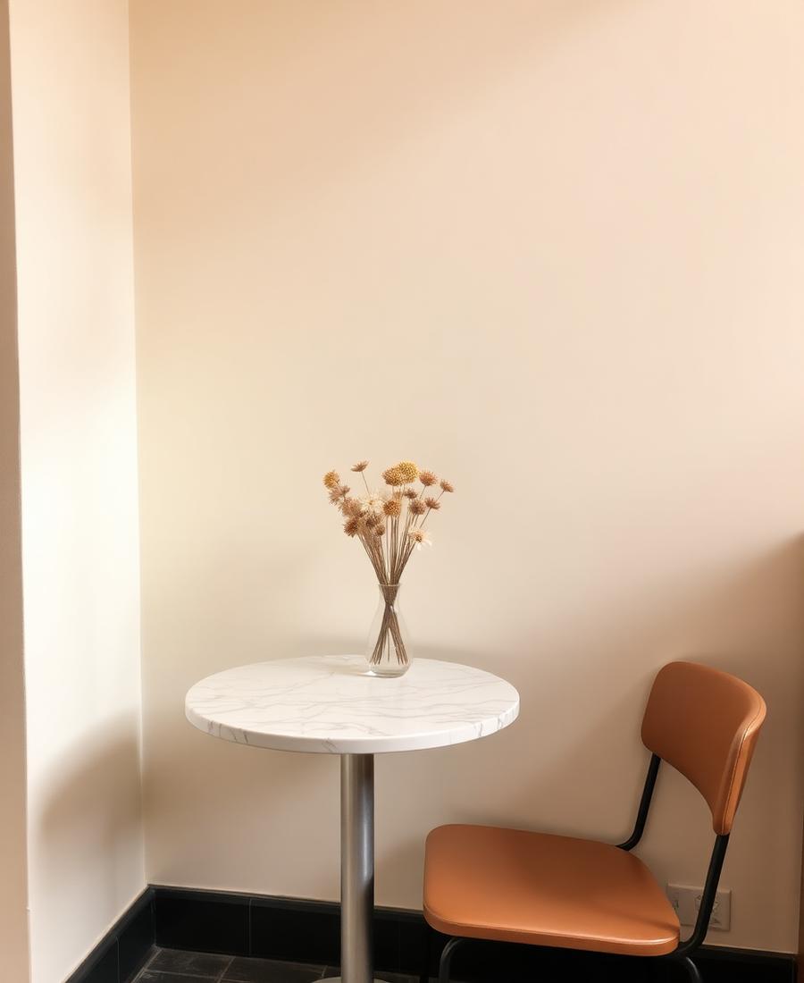 Ruhige Ecke im Café mit Marmortisch und Trockenblumen